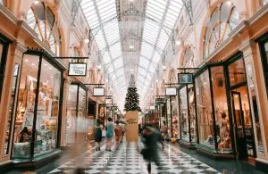 A high-end shopping mall with the motion blur of people.