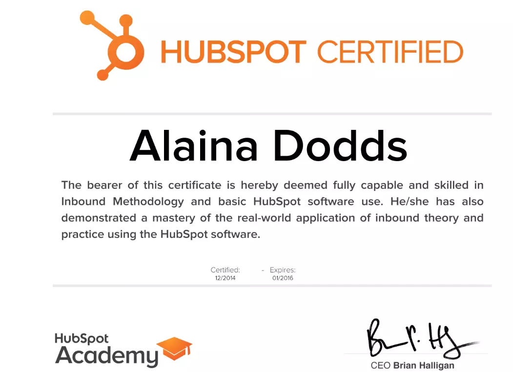 Alaina Dodds HubSpot Certification