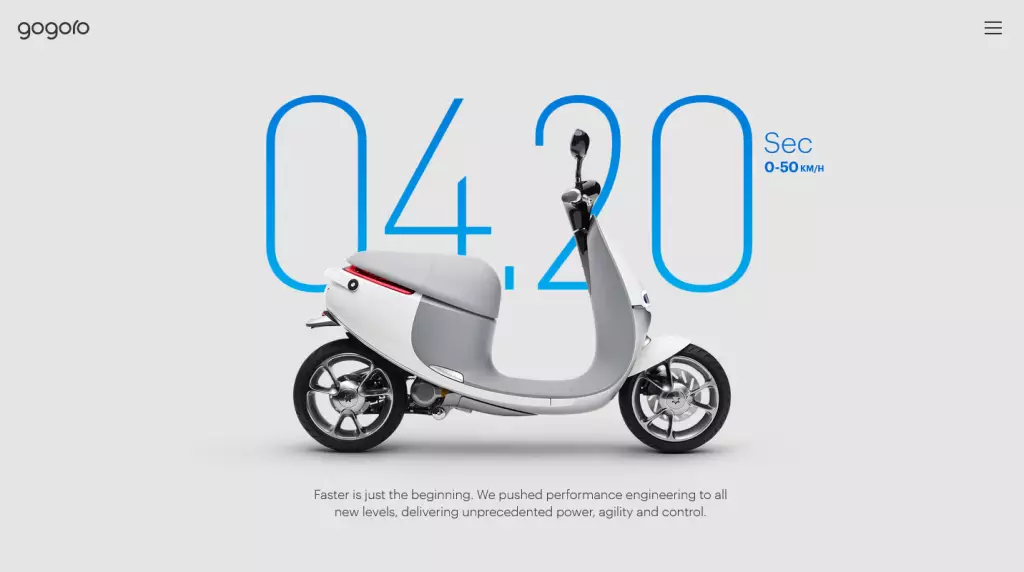 Gogoro uses gratuitous amounts of whitespace throughout the design to focus the user on a single piece of content at a time.