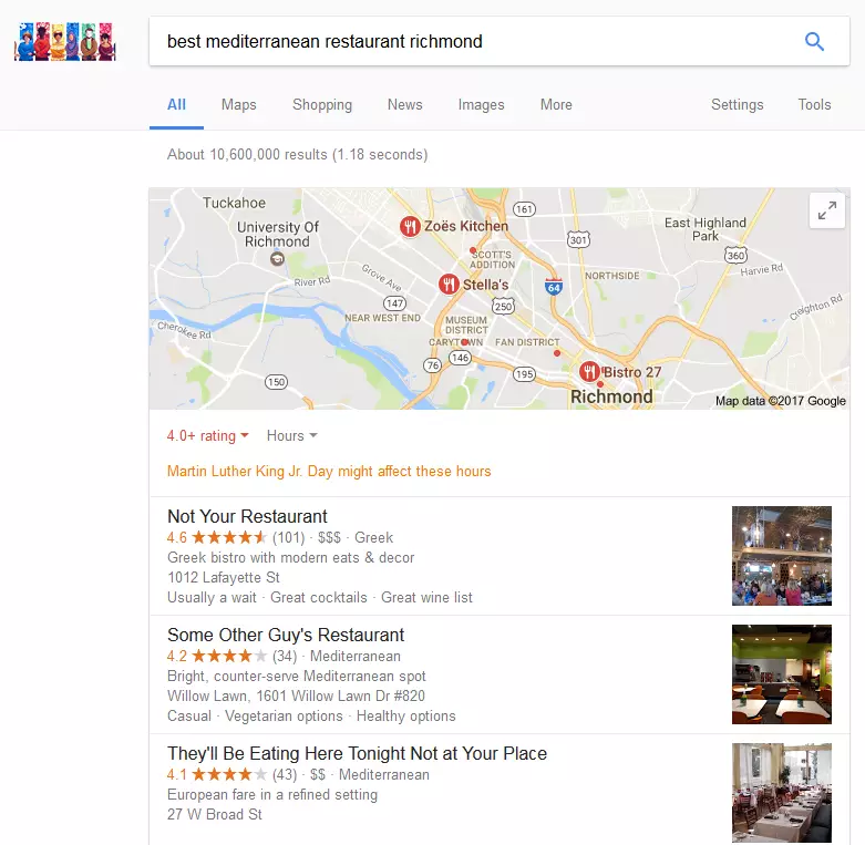 Screenshot of search engine results of best mediterranean restaurant in richmond