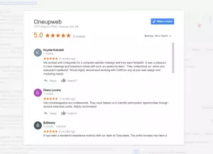 A screenshot of customers' Google Reviews for Oneupweb.