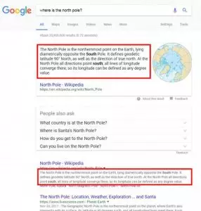 Screenshot of the SERP with the query "where is the north pole."