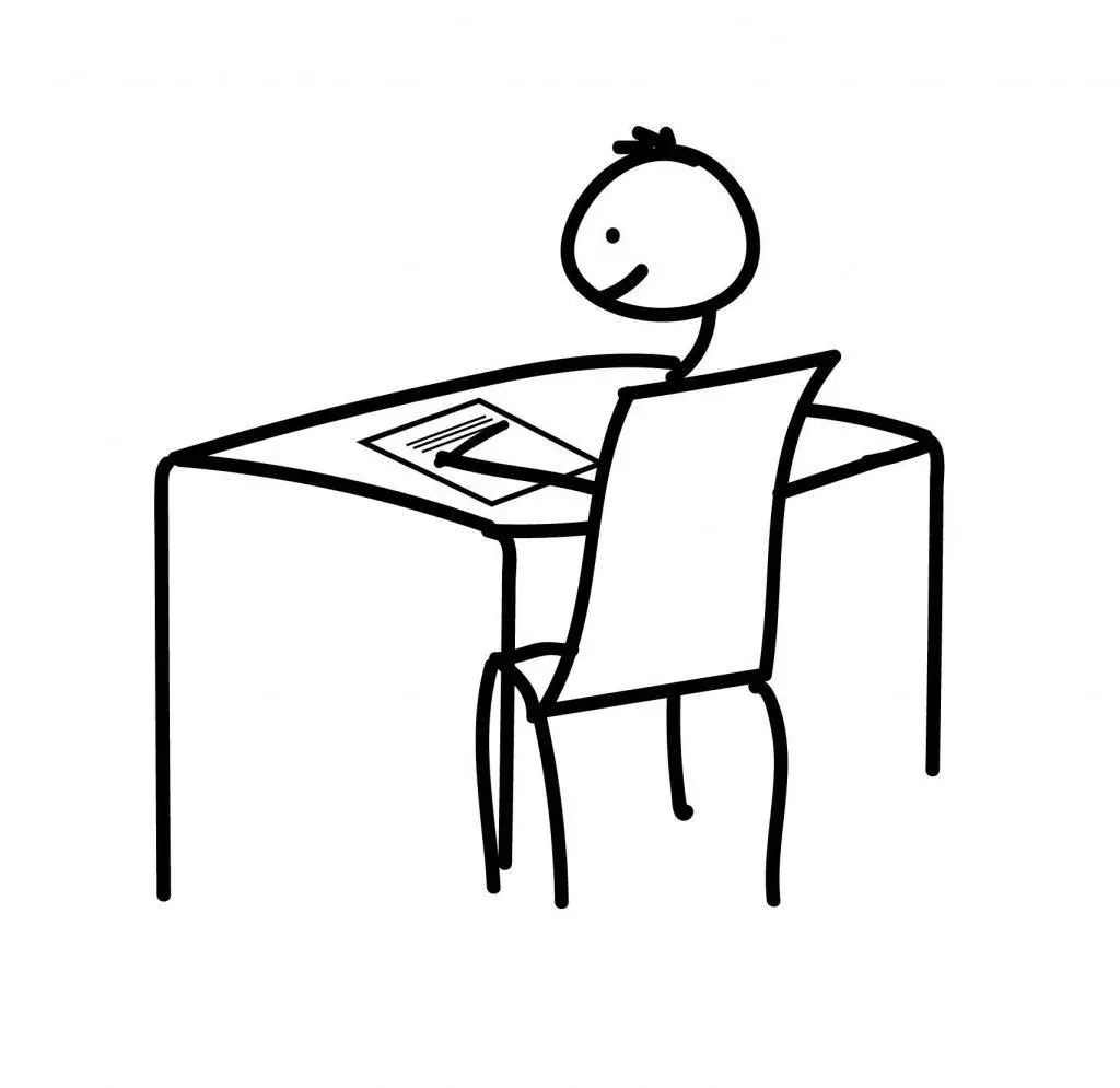 Stick figure sitting down at a desk to write a letter