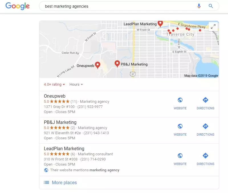 screenshot of map pack for query best marketing agencies