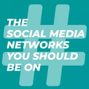 graphic with blue hashtag symbol and text reading what social media network should you be on?