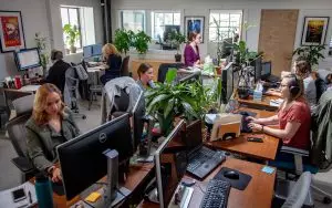 workers in an open office setting surrounded by plants