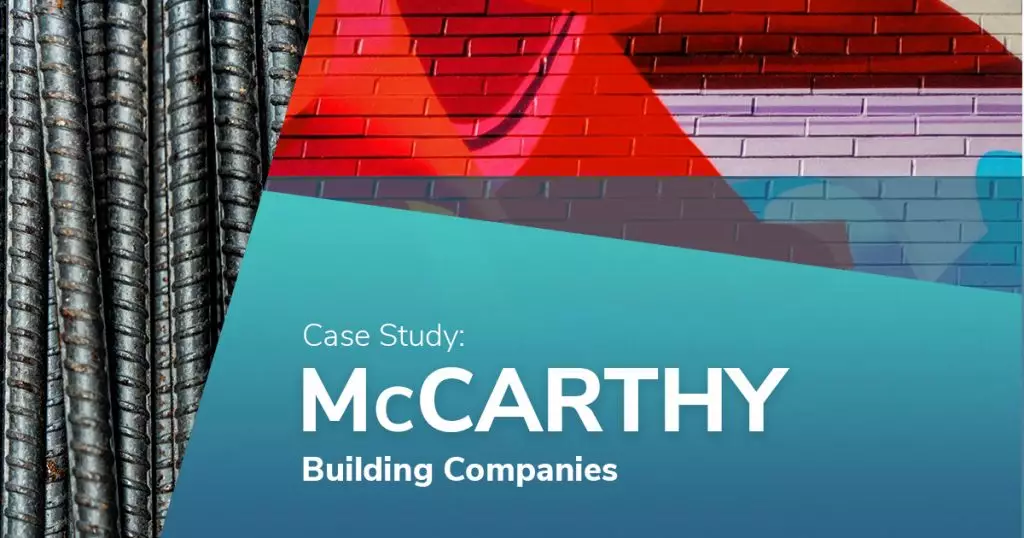 graphic design with silver, red and blue sections and text reading case study mccarthy building companies in the blue section