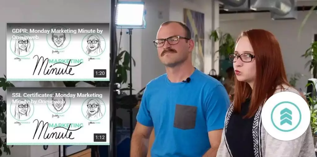 youtube end screen featuring monday marketing minutes as well as freddy and ashley's faces