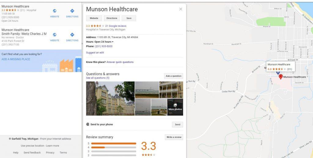 screenshot of local listing for munson healthcare on google
