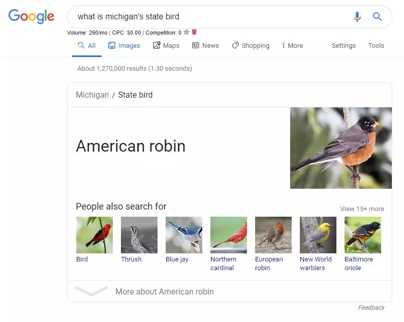 featured snippet on american robin