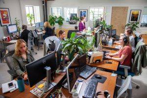 open office setting with some people at standing desks and some sitting