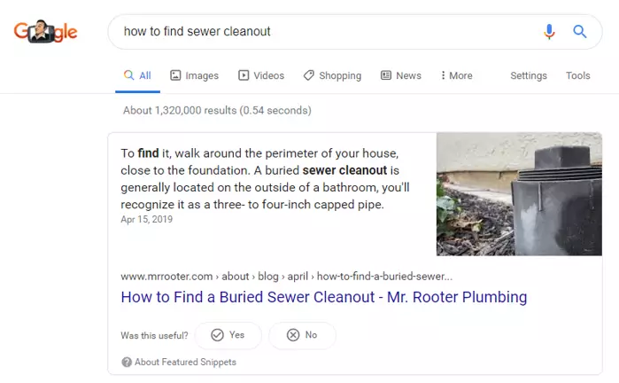 a featured snippet owned by mr rooter showing the answer to a popular query in google