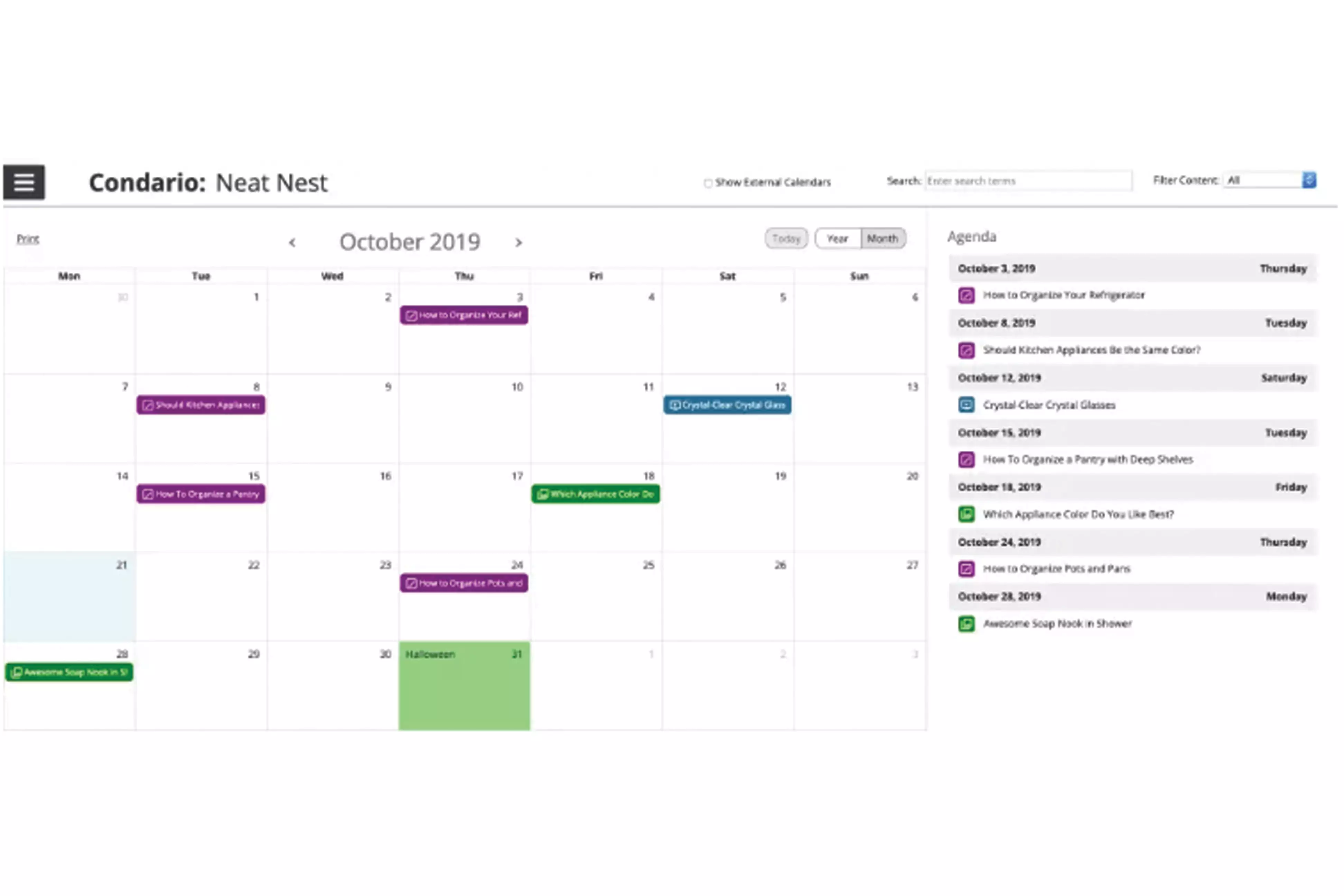 A view of the October 2019 Condario content calendar from Oneupweb.