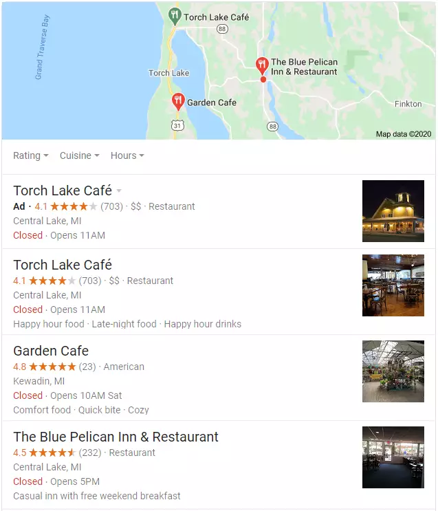 Google map results for restaurants in Torch Lake Michigan