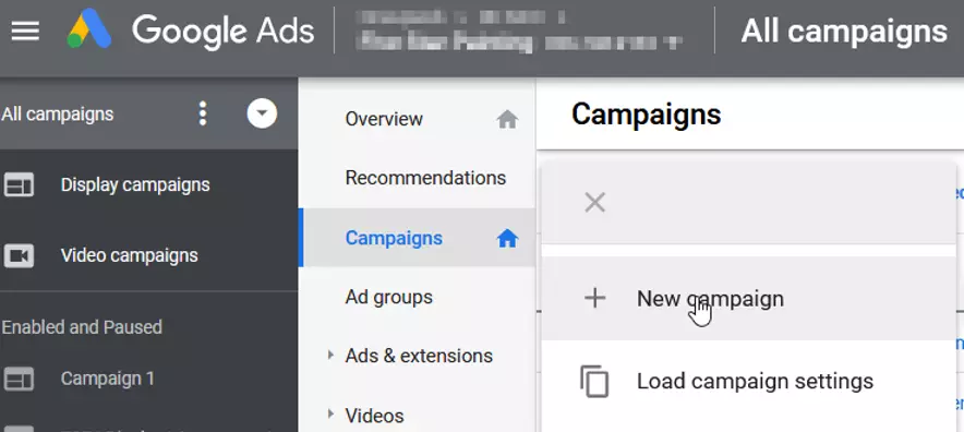 Button for creating new campaign in Google Ads