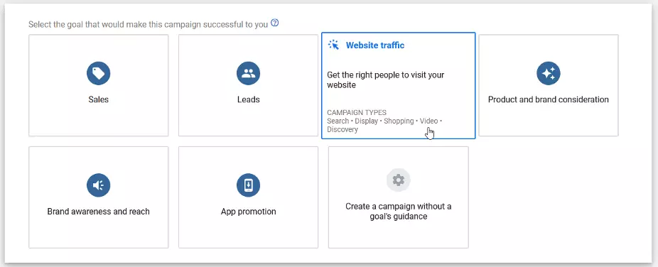 youtube ads campaign goal options include Sales, Leads, Website Traffic, Product and brand consideration, Brand awareness and reach, App promotion, and Create a campaign without a goal