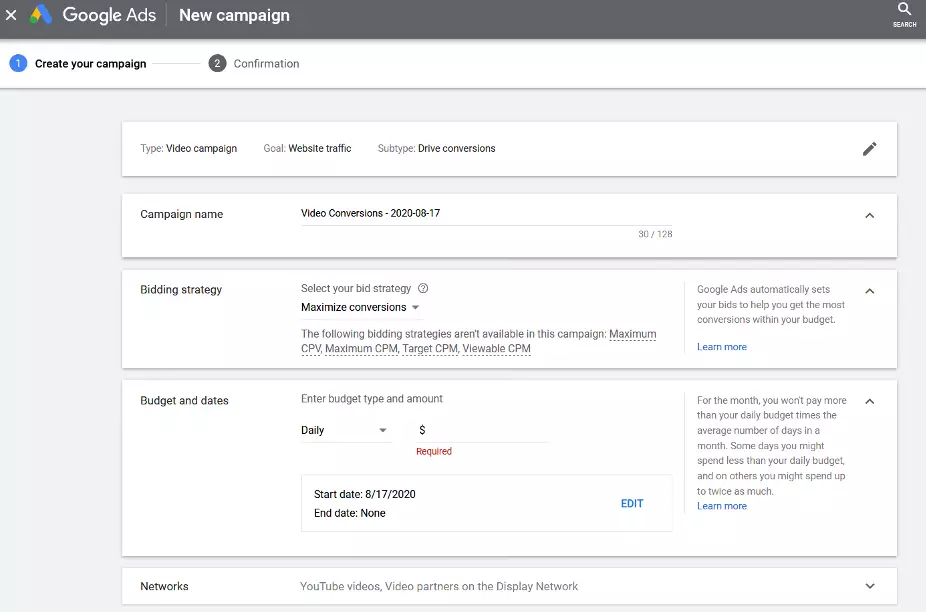 youtube ads settings for campaign name, bidding strategy, budget and dates, and networks