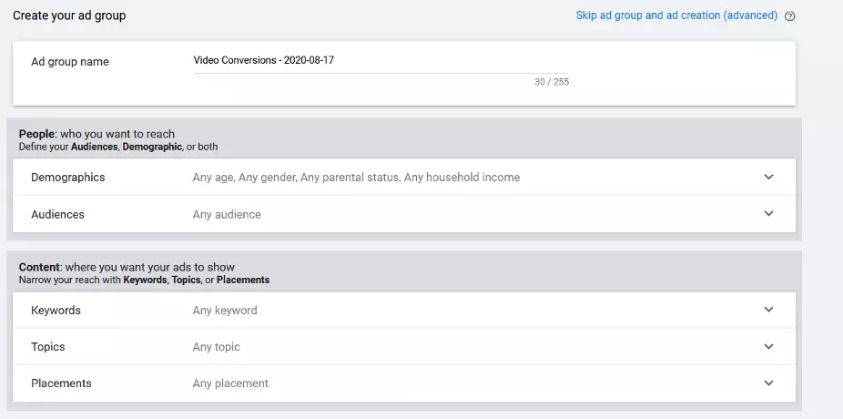 Youtube ads settings for ad group, demographic and audience targeting, keywords, topics, and placements