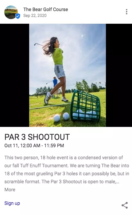 a google my business post by a golf course with an image of a woman hitting golf balls on a clear sunny day while a basket of golf balls tumbles over in the foreground and the text reads par three shootout