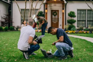 two marketers work on their camera equipment