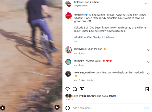 Sample of brand voice and tone from Trek Bikes' Instagram account.